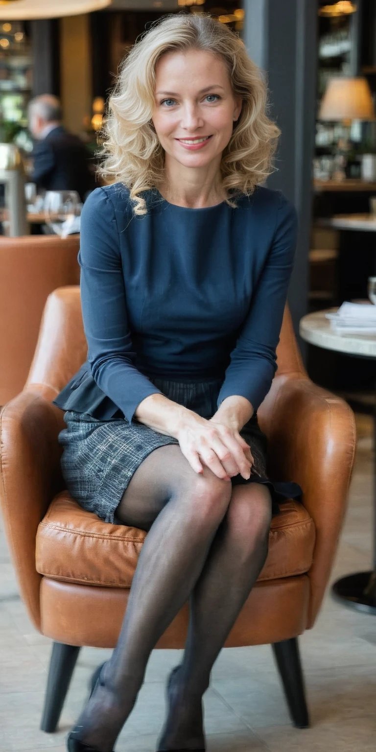 Dutch (Elisabeth de Winter:1.6) natural beauty (tiny, petite:1.2) (lean:1.1) eye contact, posing, (47 years old),  lawyer, sitting in lounge chair, upscale restaurant, smiling at me, perfectly coiffed hair, expensive skirt , stockings