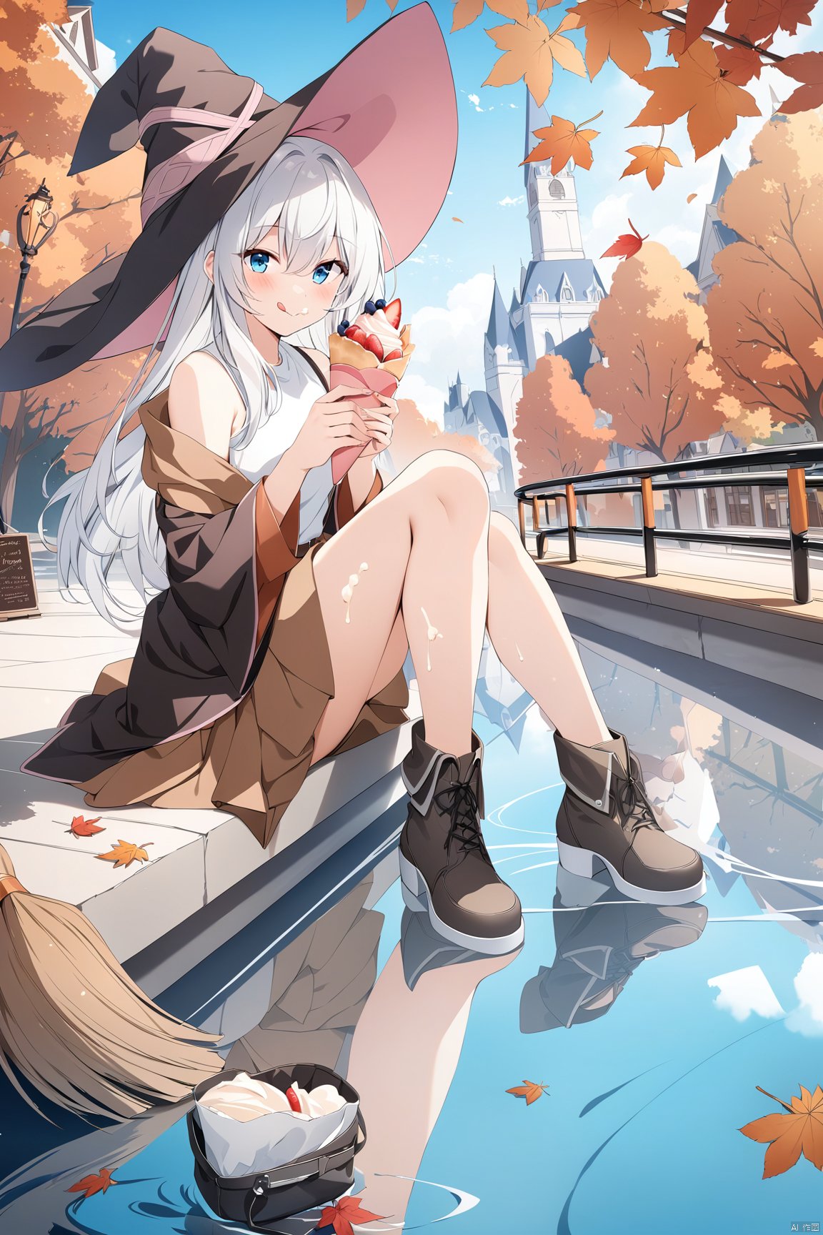 (masterpiece),(bestquality),crepe,1girl,elaina (majo no tabitabi),broom,hat,blue eyes,outdoors,witch hat,cream on face,long hair,skirt,food,food on face,black footwear,holding food,bangs,black headwear,holding,day,hair between eyes,shirt,bag,tree,sitting,cover image,dog,off shoulder,boots,looking at viewer,tongue out,solo,blush,tongue,long sleeves,railing,building,witch,black skirt,smile,black robe,eating,:q,robe,pointy footwear,ankle boots,white hair,open clothes,full body,autumn leaves,white shirt,wide sleeves,water,reflective water,fruit,bare shoulders,sleeveless shirt,holding broom,floating hair,closed mouth,brown skirt,two-sided fabric,reflection,cream,brown shirt,sky,blue sky,licking lips,leaf