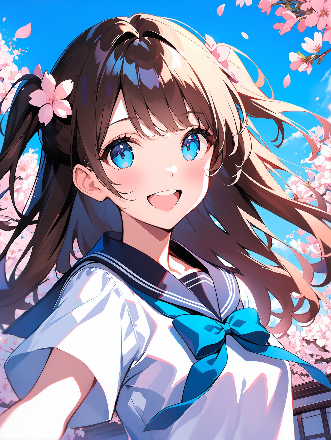 1girl, solo, cherry blossoms, smile, blue eyes, school uniform, upper body, sailor collar, flower, open mouth, short sleeves, looking at viewer, serafuku, blush, outdoors, bow, long hair, shirt, teeth, white shirt, upper teeth only, :d, bowtie, blue bow, day, pink flower, hair ornament, collarbone, blue sky, sky, brown hair, hair flower, petals, blue sailor collar, two side up, blue bowtie, floating hair, black sailor collar