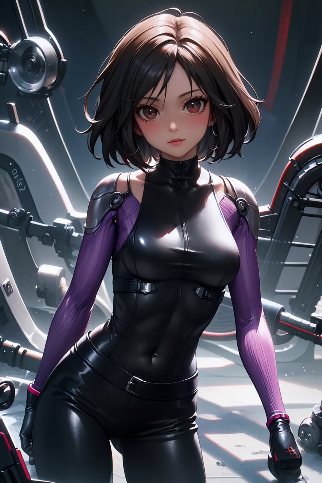 masterpiece,best quality, highly detailed, 1girl,alita,solo,cyborg,bodysuit,cyberpunk,looking at viewer,science fiction,<lora:alita:1>