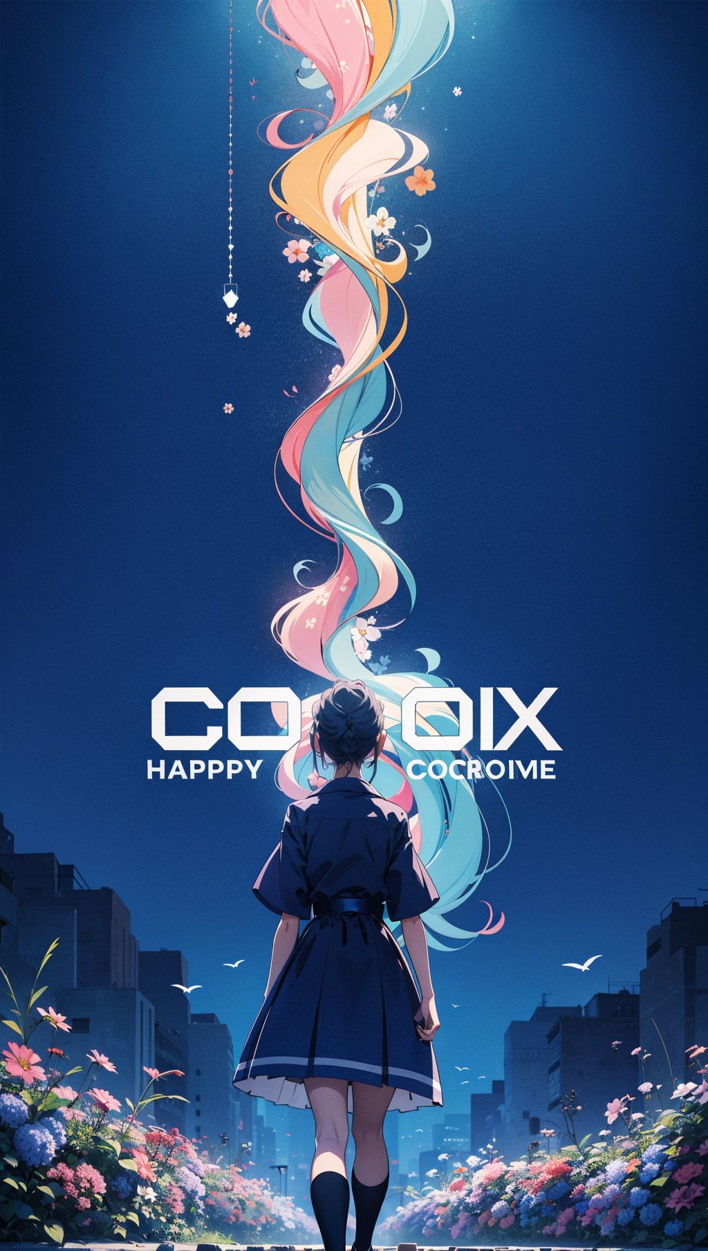 anime opening,(woman),solo,a dreamscape aesthetic in Cobalt blue theme atmosphere,mosaic background,happy,floral,(wallpaper style),movie trailer,cinematic,screencap,still shot,true perception,comfortable,