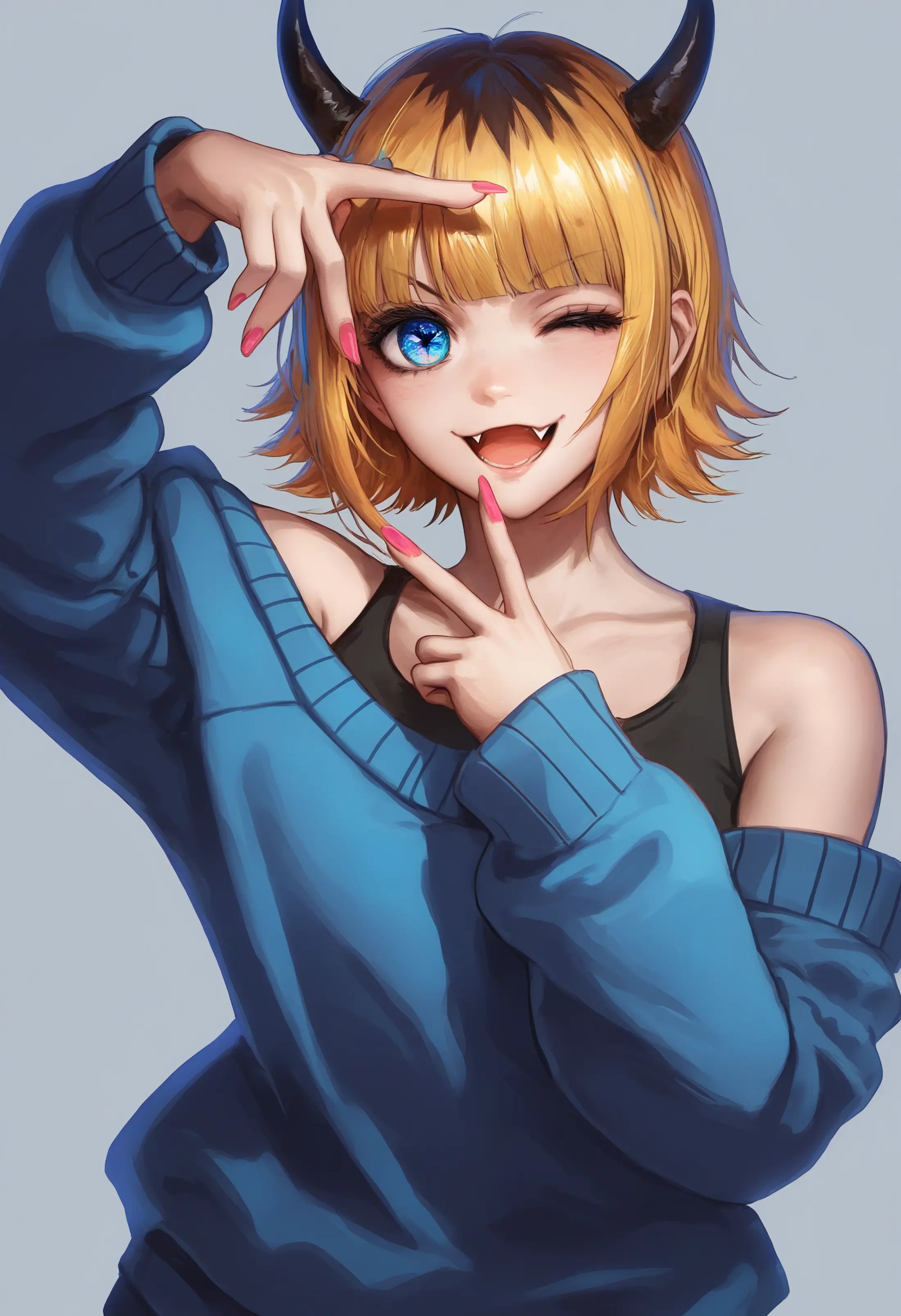 (score_9,score_8_up,score_7_up),source_anime,1girl,demon_horns,solo,upper_body,fang,blonde_hair,multicolored_hair,short_hair,roots_\(hair\),highres,:3,black_shirt,blue_eyes,blue_sweater,commentary,covered_collarbone,grey_background,long_sleeves,looking_at_viewer,memcho,nail_polish,off_shoulder,one_eye_closed,open_mouth,pink_nails,pointing_at_self,simple_background,sleeveless_shirt,<lora:oshi_no_ko:1>,