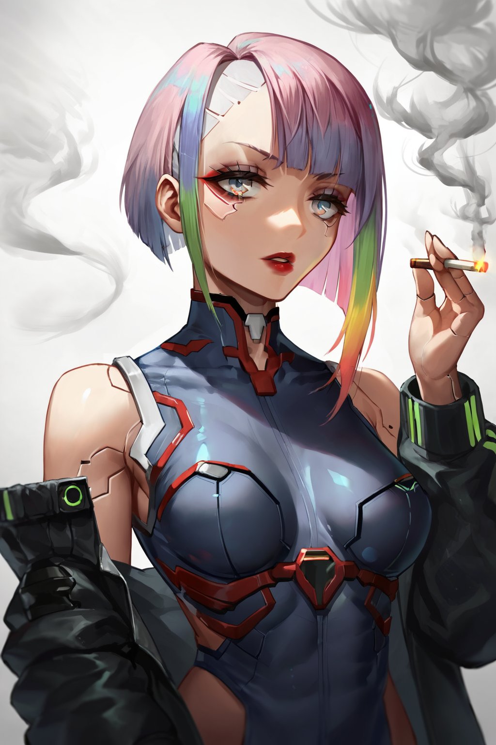 score_9, score_8_up, score_7_upBREAKsource_animeBREAKLucy\Cyberpunk\), 1girl, solo, looking at viewer, short hair, bangs, holding, bare shoulders, jacket, upper body, multicolored hair, parted lips, off shoulder, bodysuit, makeup, smoke, cigarette, multicolored eyes, smoking, red lips, cyborg, holding cigarette<lora:EMS-352064-EMS:0.800000>