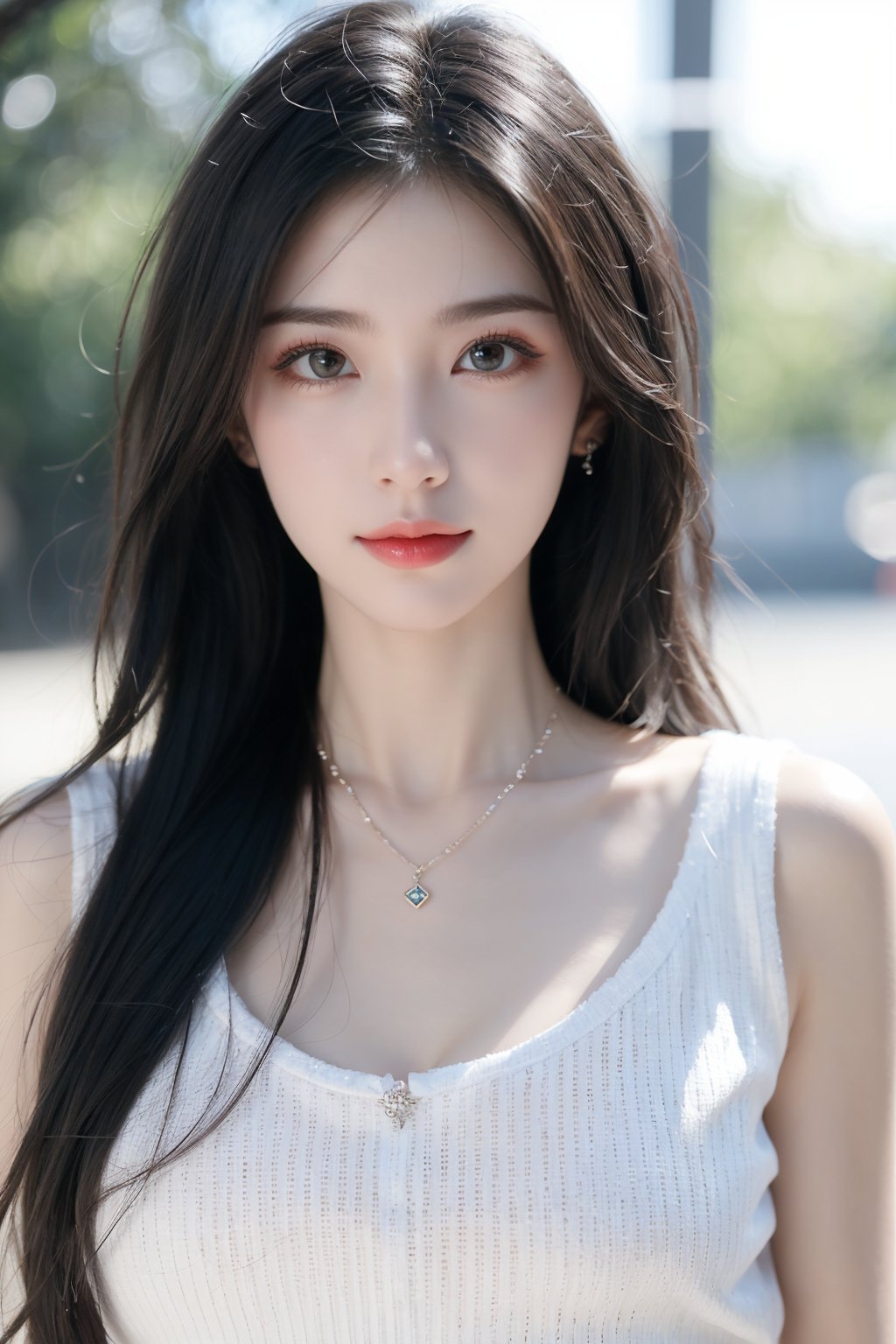 1girl, black hair, blurry, blurry background, bokeh, depth of field, jewelry, lens flare, lips, long hair, looking at viewer, necklace, outdoors, sleeveless, solo <lora:美女:0.8>