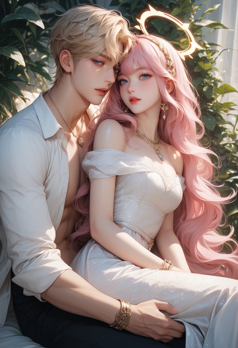 (score_9, score_8_up), score_7_up, score_6_up, 1girl, long hair, looking at viewer, short hair, bangs, blue eyes, blonde hair, 1boy, dress, jewelry, sitting, very long hair, pink hair, white hair, hetero, parted lips, pants, necklace, white dress, watermark, halo, plant, anklet, sitting on person, sitting on lap, mixed-language text