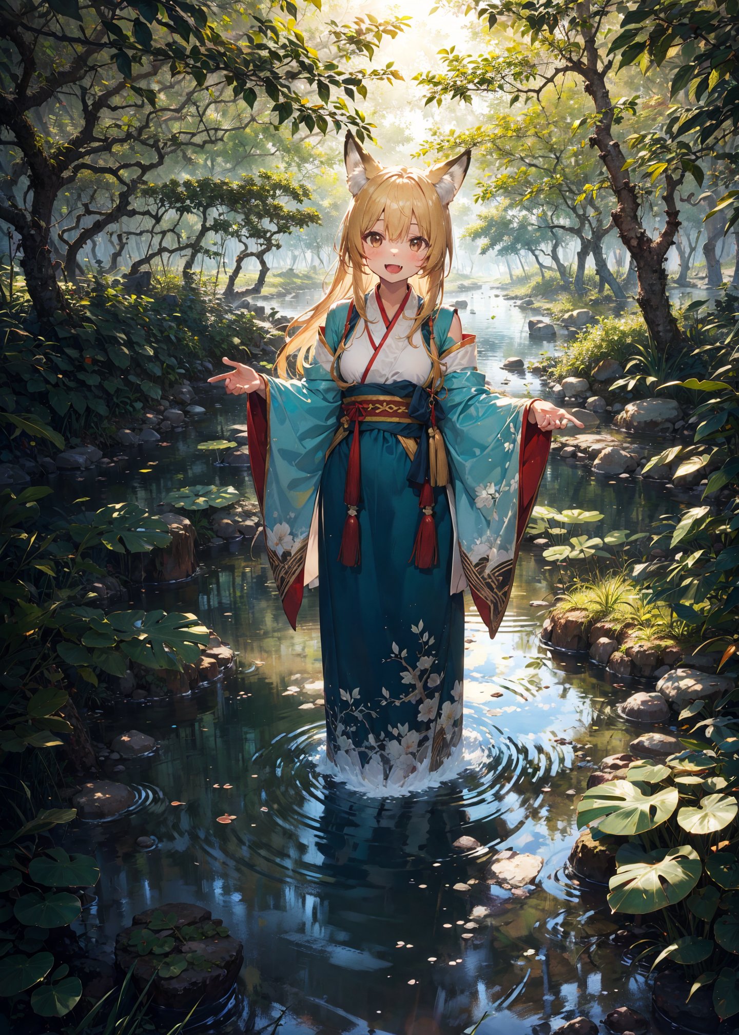 detailed background, 1girl, solo, blonde hair, brown eyes, fox ears, fox girl, hanfu, silk, long sleeves, open mouth, smile, fang, looking at viewer, reaching, BREAK lush mangrove forest, tangled roots, brackish water, diverse wildlife, dappled sunlight, gentle lapping waves, mysterious shadows,