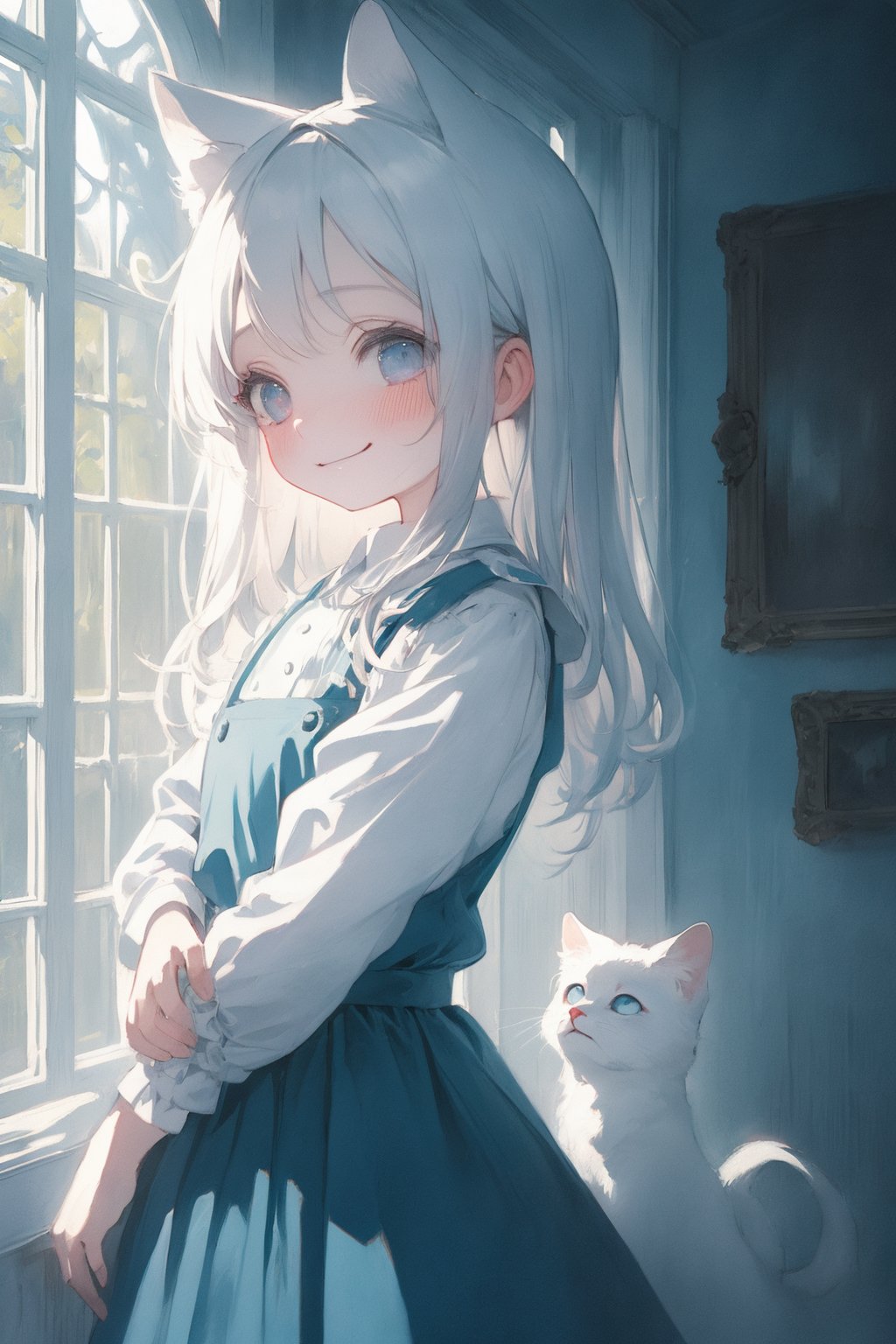 absurdres, elaborate, softly illustration, softly atmosphere, softly color pencil illustration, hyper quality, hyper detailed, 1 girl, solo, (loli:1.3), white cat ears, large eyes, drooping eyes, blue eyes, expressionless smile, upper body, blue pinafore dress