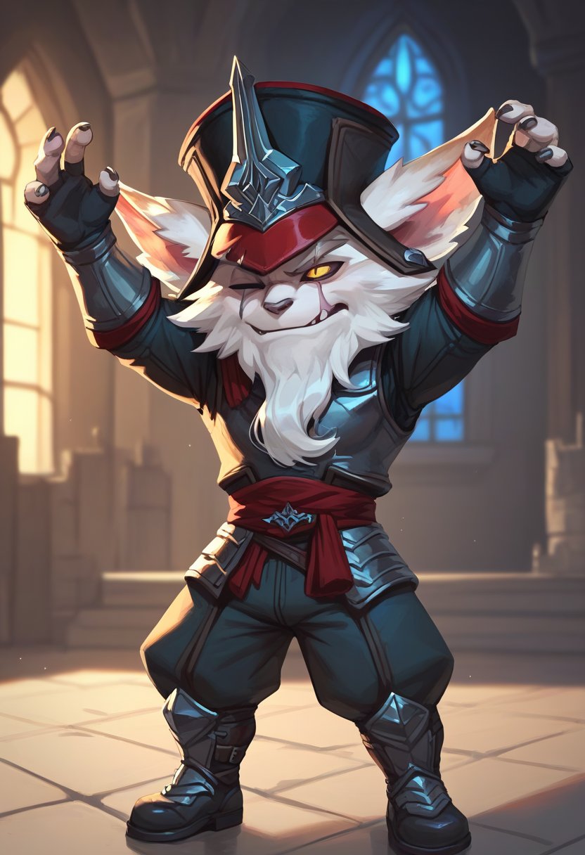 score_9, score_8_up, score_7_up, score_6_up, kl3d, 1boy, yordle, male focus, yellow eyes, white eye,scar across eye, one-eyed, facial hair, beard,  hat, black headwear, ears through headwear, armor, gloves, fingerless gloves, pants, boots , <lora:Kled_Default_v1:0.7>, castle, indoors, (sleepy),arms up