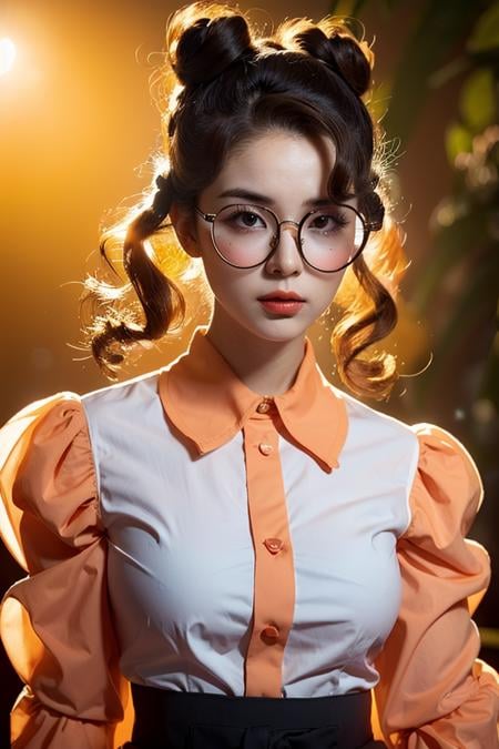 a photo of a glass woman, teenager, egirl, cosplay, 16yo, (Vintage hairstyle | Victory Rolls),butterfly glasses, big lips, round_eyewear, solo, pride, upper_body, (looking at the viewer:1.1), orange_background, realistic,pink Long-sleeved secretary blouse with high collar, 80s-style glasses, chin lifted , silhouette_lighting, epiCRealism, backlight silhouette_lighting, epiCRealism, backlight