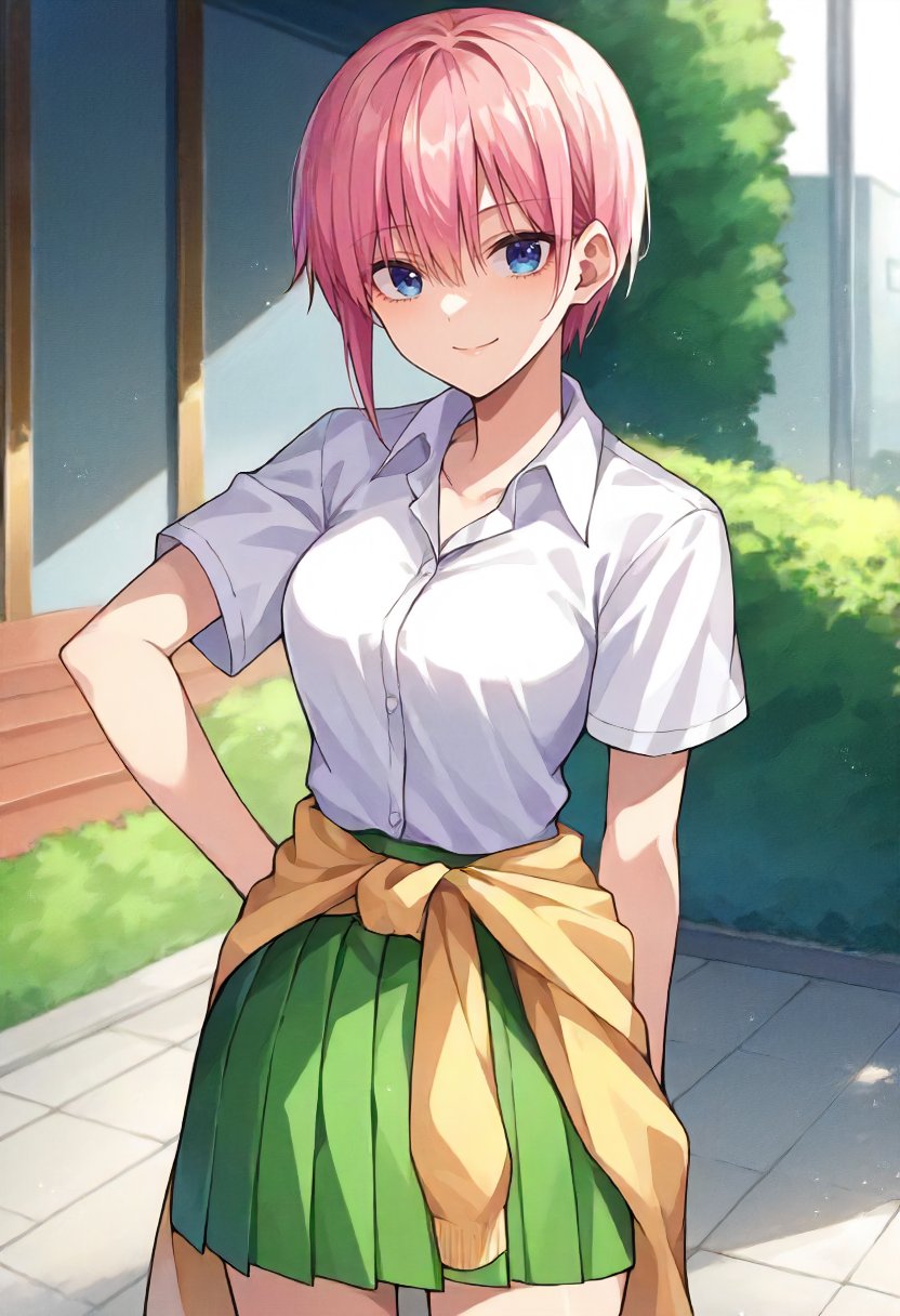 score_9, score_6_up, source_anime, 1girl, solo, cowboy shot, school, outdoors, nakano ichika, pink hair, short hair, around waist, collared shirt, green skirt, light smile <lora:quintessential_quintuplets_sdxl_pony:0.8>