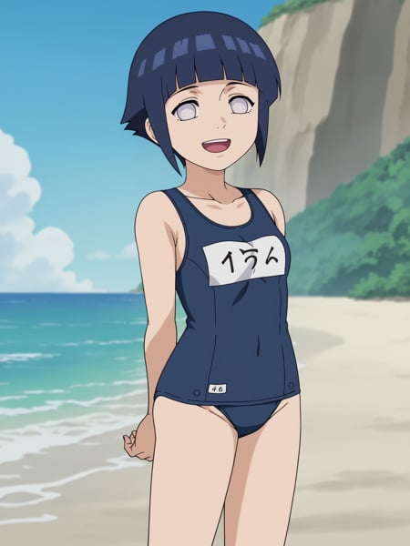 score_9, score_8_up,source_anime,hyuuga hinata,  short hair, dark blue hair, no pupils, 1girl, blunt bangs, shiny hair, grey eyes,arms behind back, (onepiece school swimsuit), name tag, open mouth, smile, happy, solo, looking at viewer, sea, sand, blue sky, tropical island background, anime screencap, anime coloring,     <lora:HinataGeninXL:1>