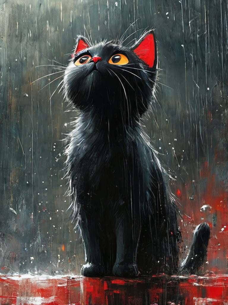 zyx01, cat, 1girl, black cat, looking up, black hair, rain, standing, short hair, coat, animal, whiskers, red coat, black eyes, solo, raincoat,<lora:zyx01:0.8>,, masterpiece, best quality,