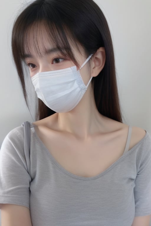 1girl,large breasts,collarbone,covered_mouth,gag,gagged,improvised_gag,long_hair,mask,large breasts,mouth_mask,realistic,shirt,solo,surgical_mask,tape,tape_gag,Sling, <lora:口罩少女肖像写真:0.9>