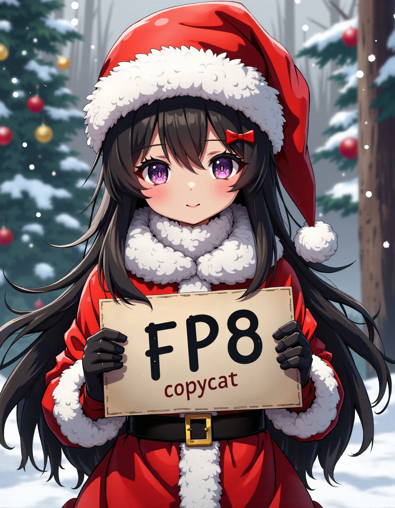 1girl clothed santa costume holding sign with "copycat FP8" written,snowing