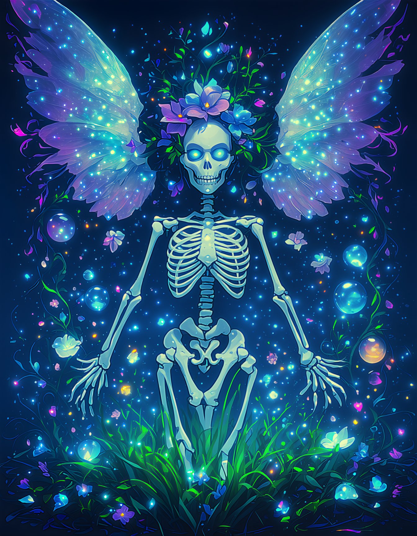 Vivid colors, sharp focus, ultra-detailed, masterpiece, extremely detailed CG, unity 8, whimsical humanoid skeleton, large glowing eyes with vibrant irises, adorned with flowers and vines, fantasy elements, bioluminescent plants, intricate floral patterns, fairy wings with translucent gradients, glowing orbs and gemstones, dark blue and turquoise gradient background, sparkles and glowing particles, artistic and surreal, fantasy art, high resolution,