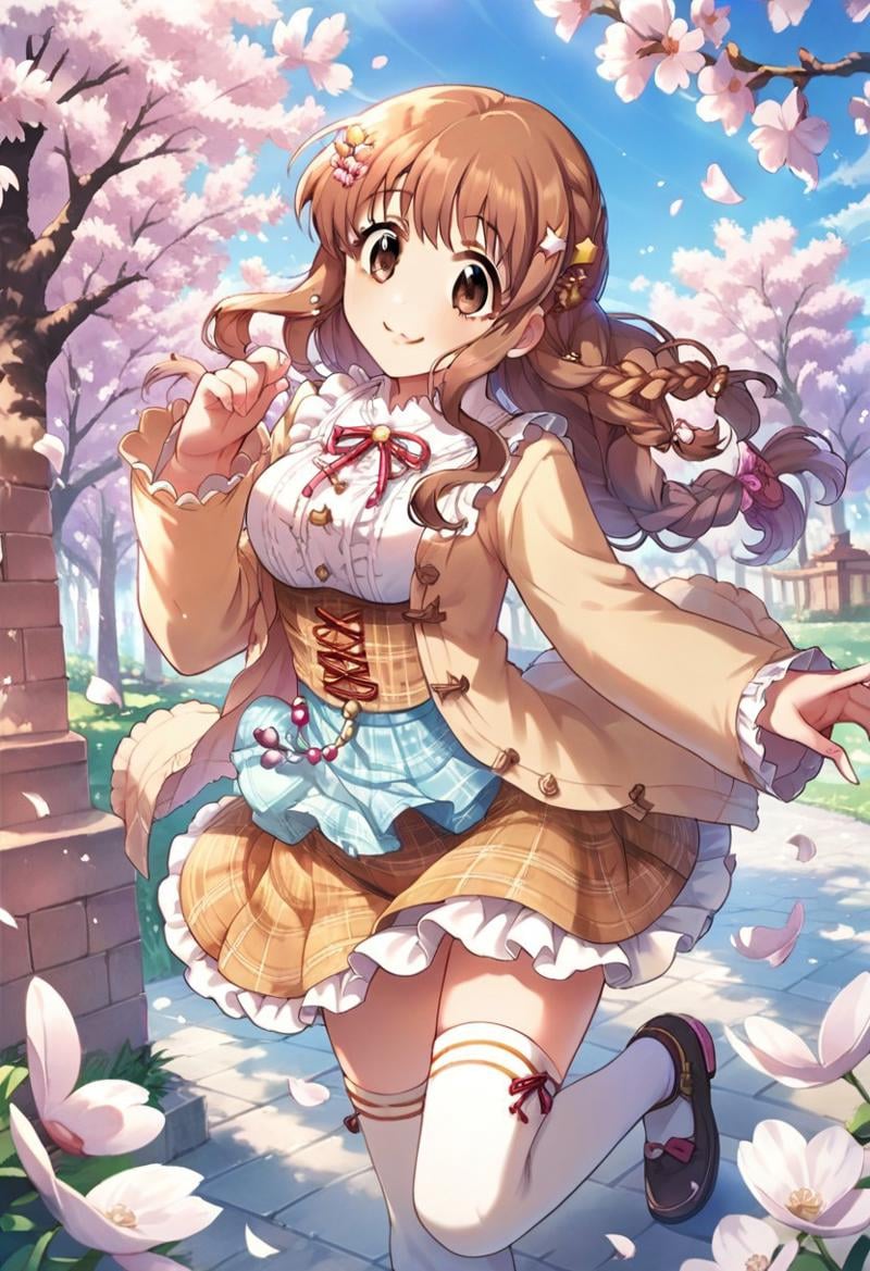 score_9, score_8_up, score_7_up, source_anime,moroboshi kirari, brown hair, brown eyes, long hair, 1girl, solo, hair ornament, :3, braid, cherry blossoms, thighhighs, star hair ornament, smile, star (symbol), frills, plaid