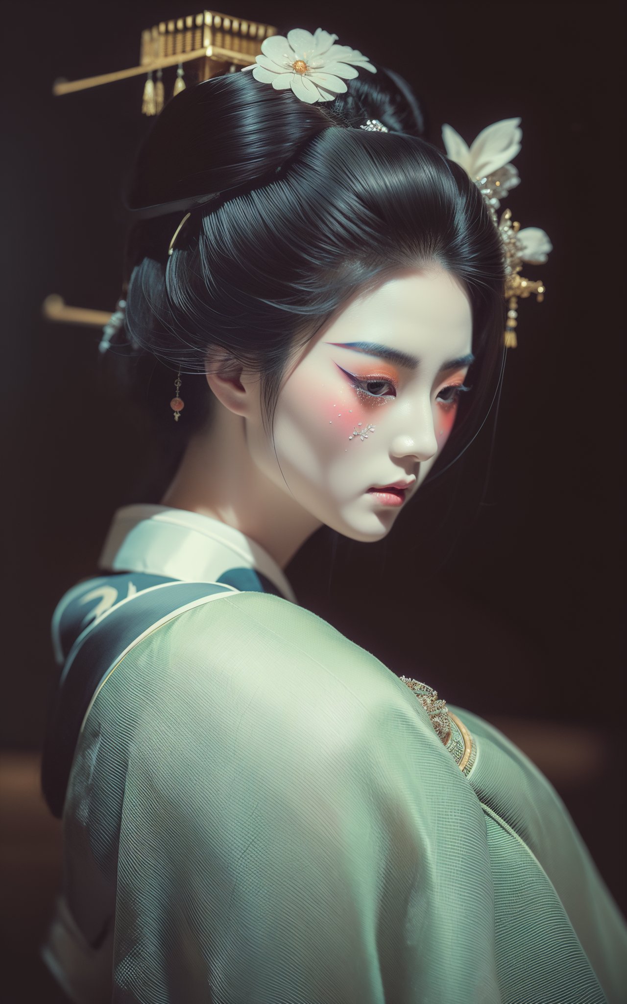 (masterpiece, top quality, best quality, official art, beautiful and aesthetic:1.2) ,cover art, (designed by Axel Törneman:0.7) , masterwork, majestic, angle from above of a full-figured Digital Age (Female Geisha:1.3) , the Geisha is very Deafening and Vengeful, in a Viking setting, her hair is Characteristic and styled as Layered, background is Disciplined Bungalow, dense flora and Star in background, Hurricane, in focus, Graphic novel, Awe, Methaphysical painting, cinematic lighting, L USM, Mono Color, Encaustic Paint, behance, skin pores, realistic and detailed, ultra high res, trending on CGSociety