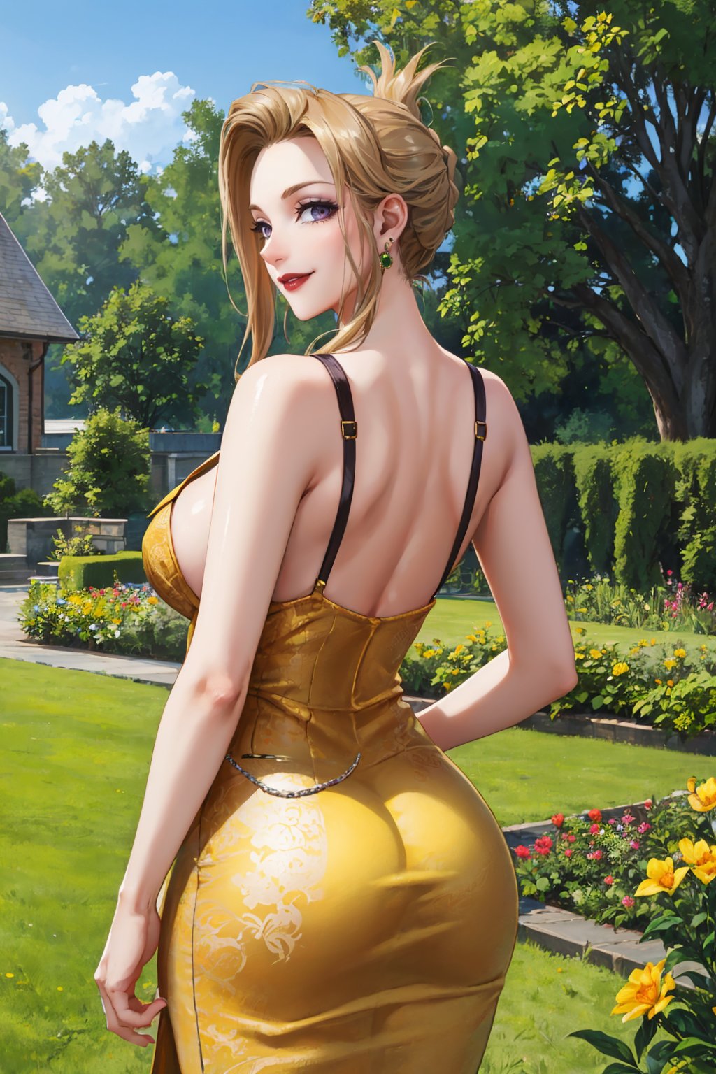 masterpiece, best quality, <lora:ffscarlet-nvwls-v1-000009:0.9> ffscarlet, purple eyes, earrings, lipstick, large breasts, (yellow sundress:1.3), from behind, garden, smile
