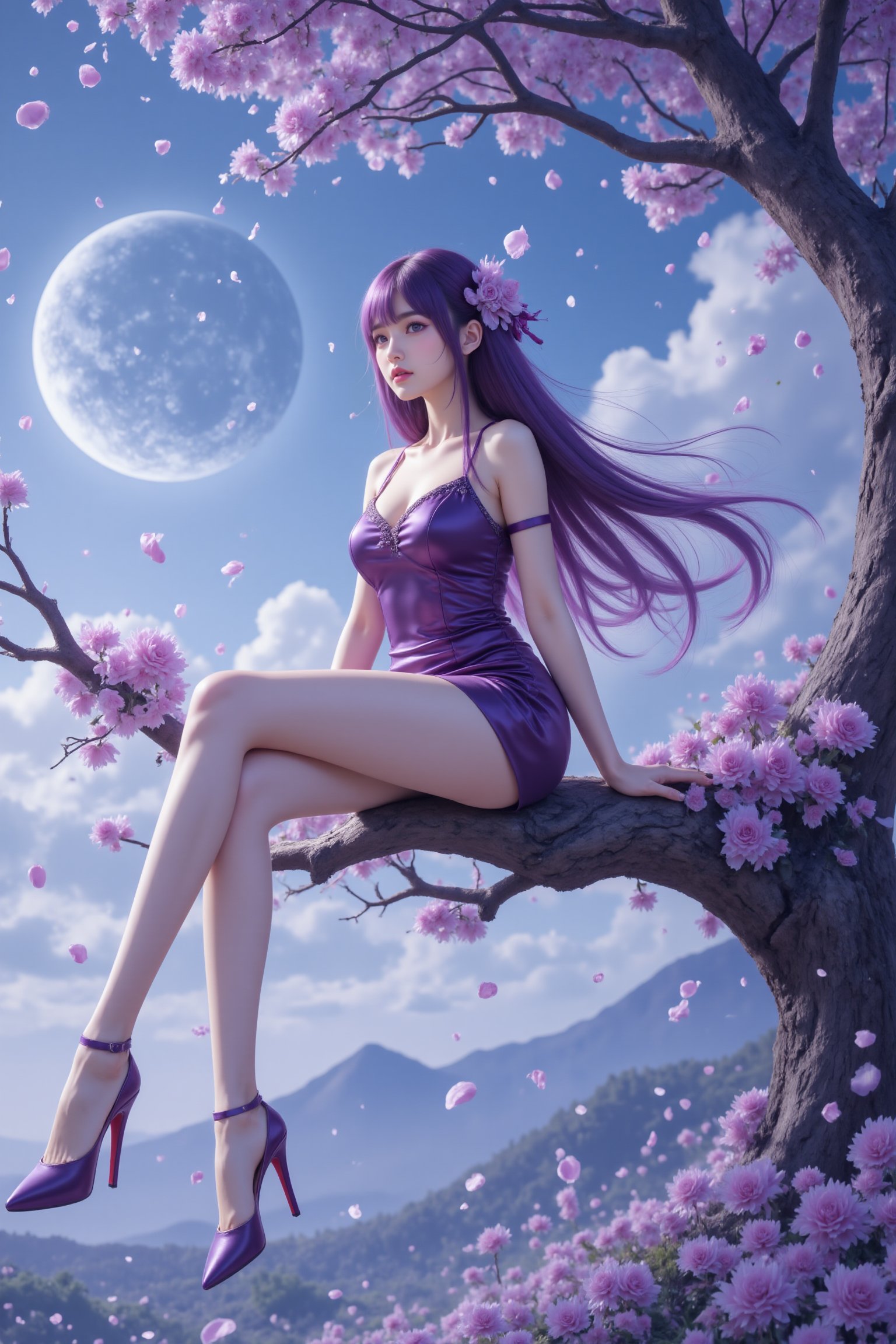 1girl, solo, long hair, purple hair, hair ornament, dress, sitting, full body, flower, outdoors, sky, cloud, purple dress, high heels, tree, legs, petals, bare legs, moon, grass, mountain, falling petals<lora:极品超模V8_2.0:0.8>