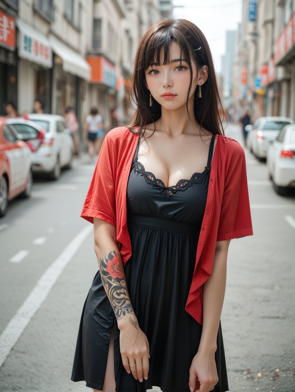 score_9, score_8_up, score_7_up,source_real,real skin,BREAKcowboy shot, 1girl, jirai kei,red shirt, black dress, korean,arm tattoo, street,