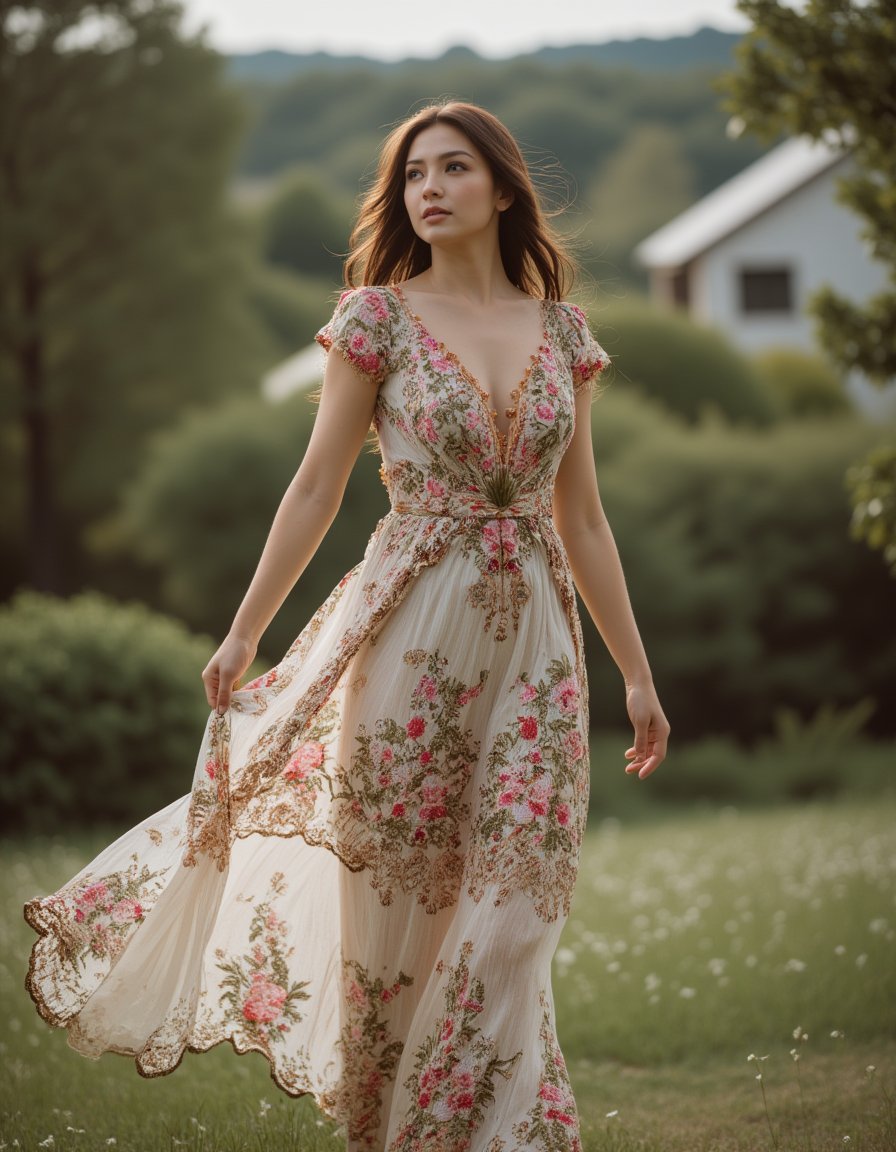 best quality, masterpiece, playful theme, raw photo of a woman in floral long lace dress which often for ornate details and floral symbols, flowing long brown hair cascading over her shoulders, middle distance shot taken by long range lens, high key light, hard shadow, soft bokeh, professional photography, balanced contract, balanced exposure,bohoai girl <lora:hinaFluxBohoGirlMix-dev_v1-rev2:0.9>