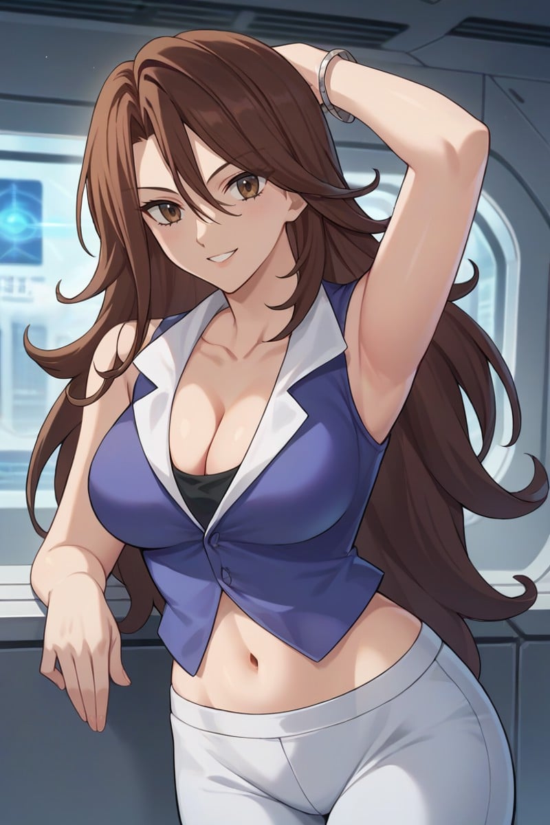 score_9, score_8_up, score_7_up, score_6_up, score_5_up, score_4_up, source_anime,solo, 1girl, sexy female, tall female, breasts, <lora:Sumeragi-08:1>, sumeragi, brown hair, long hair, brown eyes, crop top, blue vest, cleavage, sleeveless, midriff, navel, bracelet, white pants, tight pants,arm up, seductive smile, looking at viewer,inside spaceship