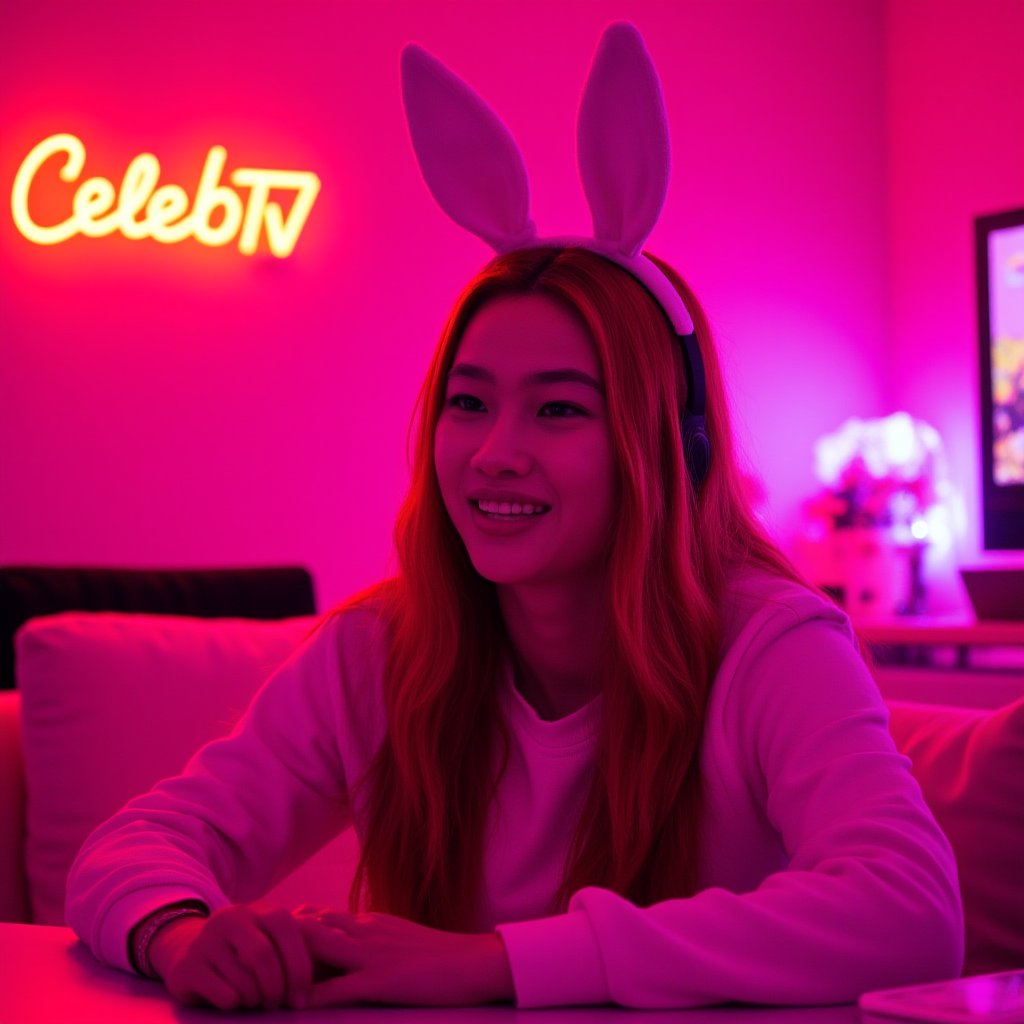 A twitch streamer woman talking to the camera on her streaming setup sitting in a cute neon lit pink streamer room and wearing bunny ears. The orange neon sign in the background reads "CelebTV". ,<lora:hoyeon_local_flux_1_standard-000033:1>