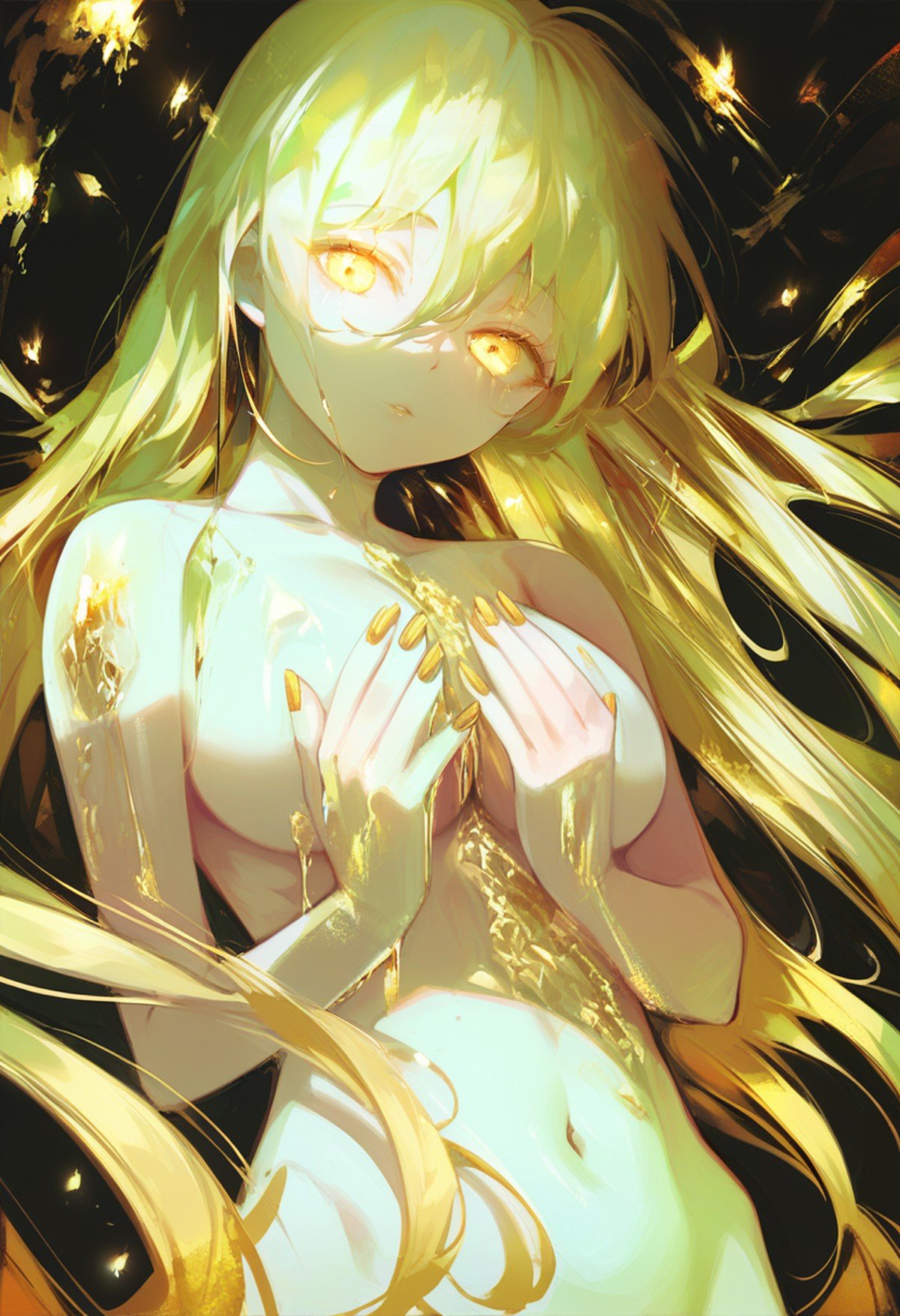 score_9, score_8_up, score_7_up, score_6_up, <lora:OH4XL_P6_lokr_V4312:0.95> 1girl, solo, long hair, breasts, yellow eyes, nude, yellow theme, blonde hair, yellow nails, navel, looking at viewer, parted lips, black background, very long hair, completely nude, glowing, large breasts, liquid, gold, upper body, simple background, nail polish, hair between eyes, hands up, cowboy shot, collarbone