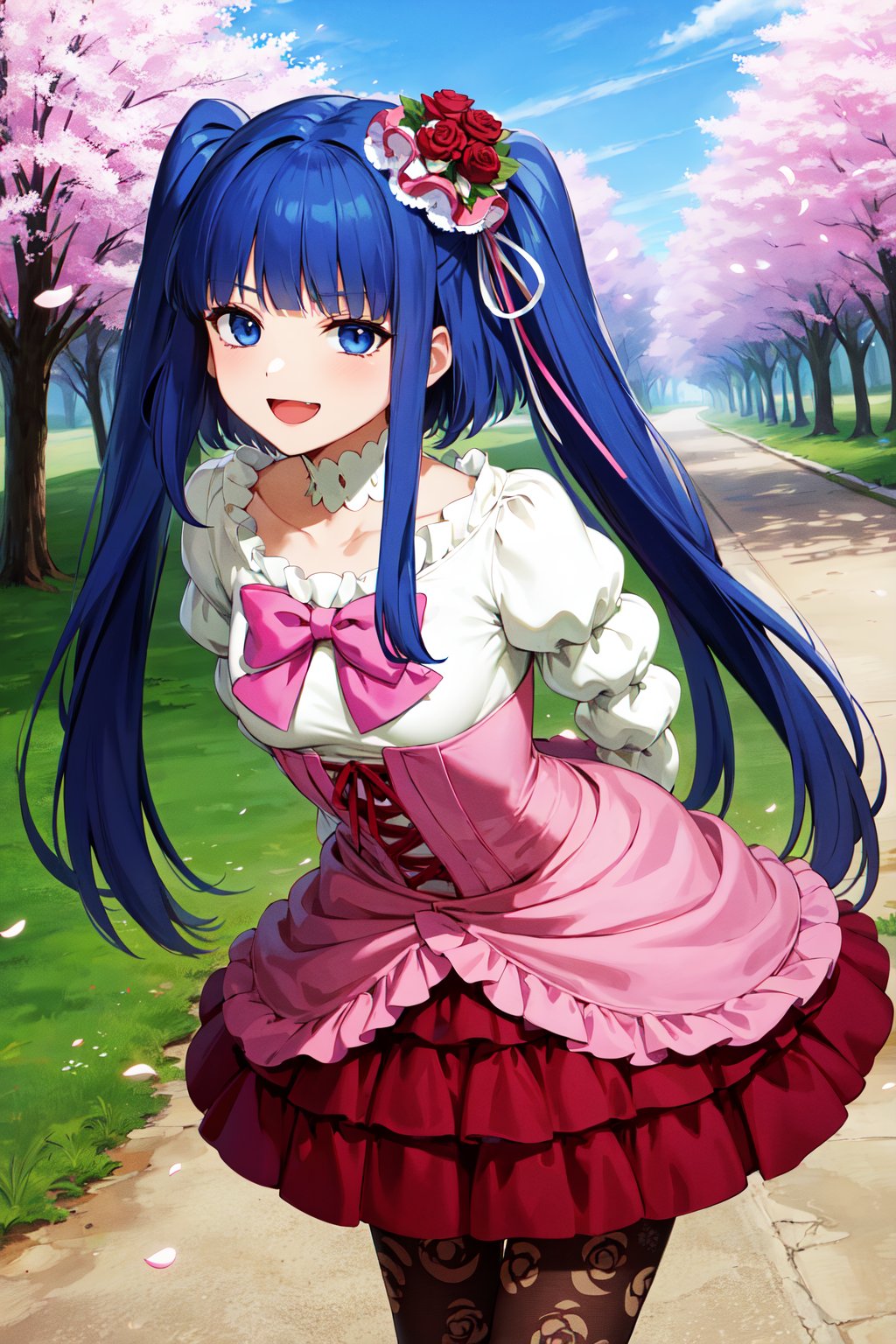 masterpiece, best quality, highres, aaerika, long hair, twintails, hair ornament, choker, pink bow, frilled dress, layered dress, pantyhose, print legwear, <lora:furudo_erika_v1:0.7>, standing, cowboy shot, leaning forward, arms behind back, outdoors, cherry blossoms, smile, open mouth, 