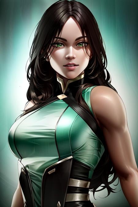 (extremely detailed CG unity 4k wallpaper),(masterpiece),(ultra quality),(ultra-detailed),(best illustration),(best shadow),(absurdres),(detailed background) <lora:OGT_Jade-v1:1.1> Jade, 1girl, solo, breasts, ((((green eyes, dark-skinned female, dark skin, brown skin, long hair, brown hair)))), looking at viewer, lips, upper body, closed mouth, turtleneck, sleeveless, medium breasts