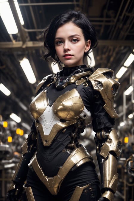 cgmech, beautiful eyes, upper body, underboob, portrait, robot,white orange armor, shimmering black hair, neon light, 8K, RAW, best quality, masterpiece, ultra high res, colorful, (medium wide shot), (dynamic perspective), sharp focus , (depth of field, bokeh:1.3), extremely detailed eyes and face, beautiful detailed eyes,large breasts,(black gold, trimmed gear:1.2),(In a futuristic weapons factory:1.2), ((masterpiece, best quality)), <lora:more_details:0.3> Detailed background, spaceship interior <lora:menpo_offset:0.2>  <lora:Niji:0.6>