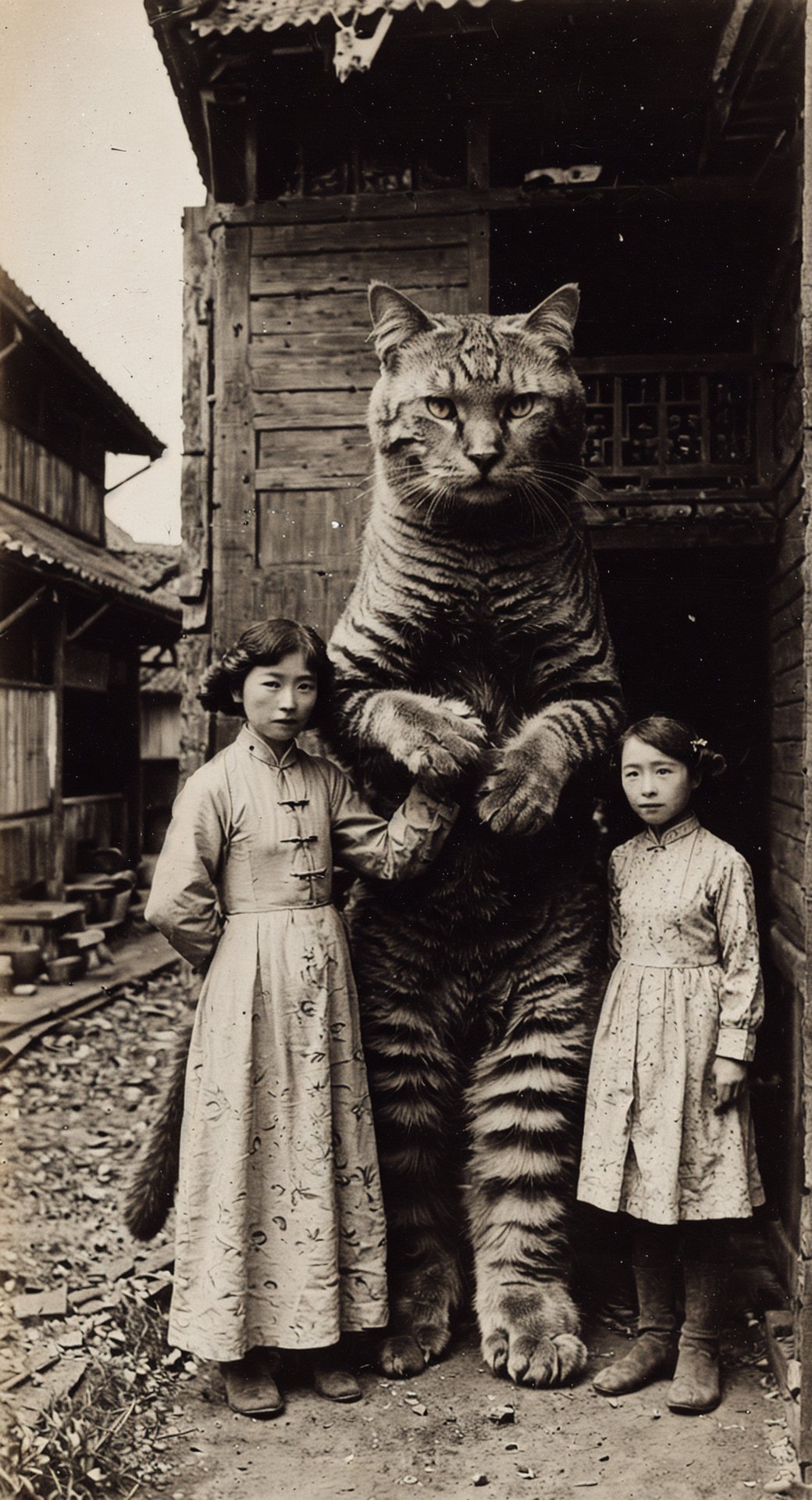 sepia old photo, damaged, scratches, dust, light leaks, early 19th century, fantasy, surreal, hyperrealistic, detailed, photo of familly with very giant cat, wearing hanfu, cheongsam, traditional chinese gown, patterned fabric, outdoors, village, <lora:oldPhotoV1:0.9>, 