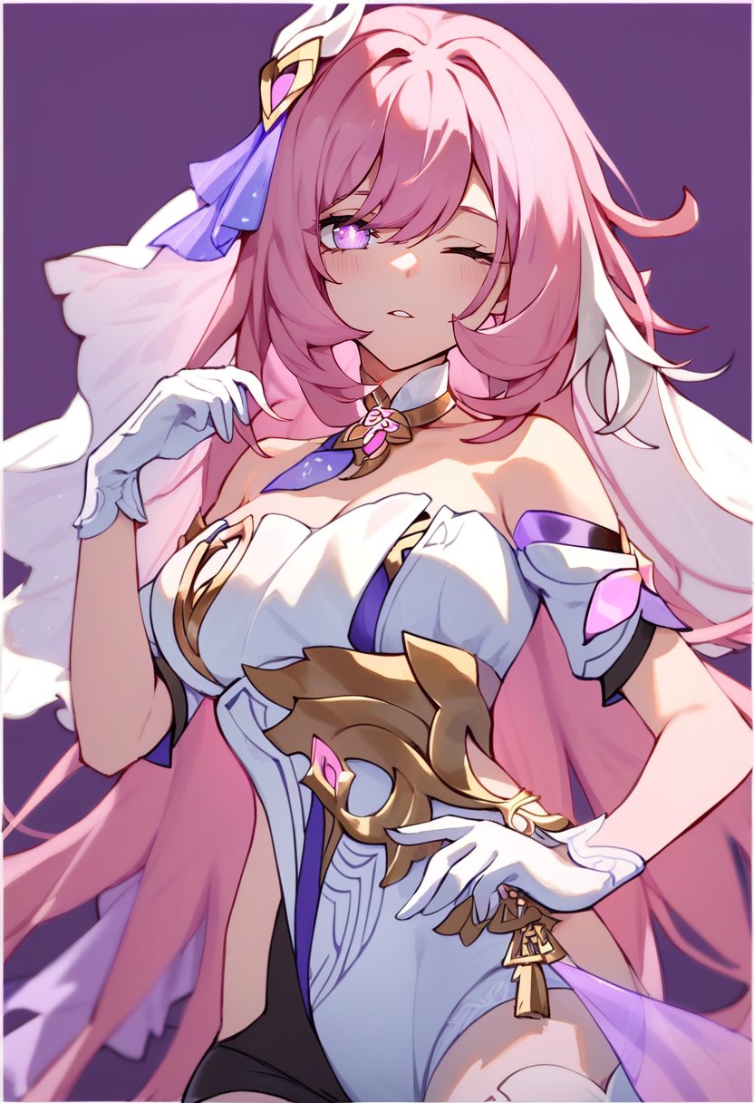 score_9, score_8_up, score_7_up, score_6_up, <lora:ElysiaXL_P6_V1:0.95> ElysiaHOH, 1girl, pink hair, 1girl, bare shoulders, border, breasts, gloves, hair between eyes, long hair, looking at viewer, one eye closed, pink eyes, pink hair, purple background, shirt, short sleeves, triquetra, upper body, very long hair, white border, white gloves, white shirt, white veil