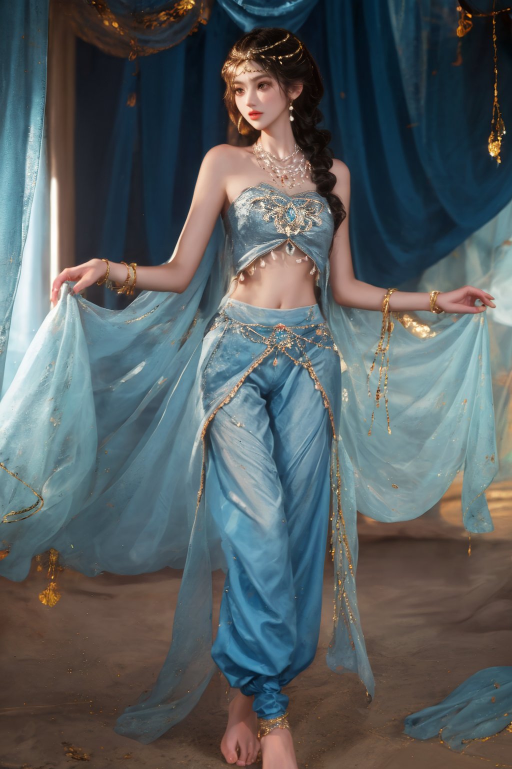 future007,barefoot,bare shoulders,blue dress,blue pants,head chain,baggy pants,navel,Arabic costume,anklet,<lora:future008-hanfu:0.9>,thigh gap,standing,