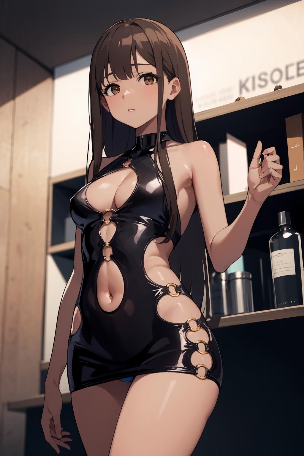 (masterpiece, high quality, highres:1),1girl,solo,<lora:bodycon-cutout-v1-wasabiya:1>,bodyconc,cleavage,o-ring,bare shoulders,navel cutout,(brown eyes , brown hair ),dark skin, dark-skinned female ,long hair,from below ,medium breasts ,