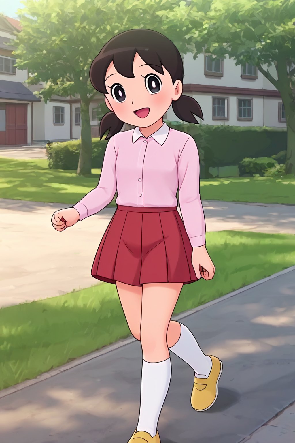 score_9, score_8_up, score_7_up, score_6_up, score_5_up, score_4_up, source_anime,minamoto shizuka,1girl, solo, skirt, outdoors, black hair, socks, white socks, twintails, red skirt, shoes, smile, shirt, open mouth, black eyes, pink shirt, looking at viewer, short twintails, kneehighs, collared shirt, long sleeves, :d, day, bright pupils, white pupils, house, low twintails, short hair, running, yellow footwear, blush, masterpiece, perfect face, best quality, beautiful girl, cute girl, beautiful eyes, shiny eyes, anime coloring, anime screencap, absurdres, outdoors, <lora:minamoto shizuka nova 906:0.8>