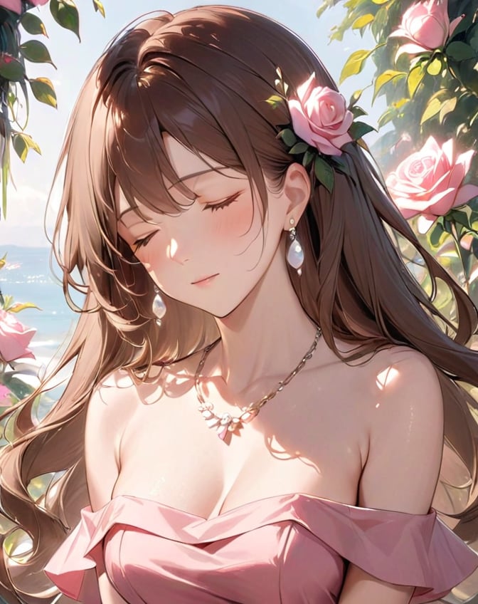 1girl, jewelry, solo, earrings, necklace, long hair, closed eyes, flower, upper body, dress, bare shoulders, brown hair, rose, off shoulder, breasts, realistic, pink flower, closed mouth, pink dress,<lora:aki-luoling-01:1>,