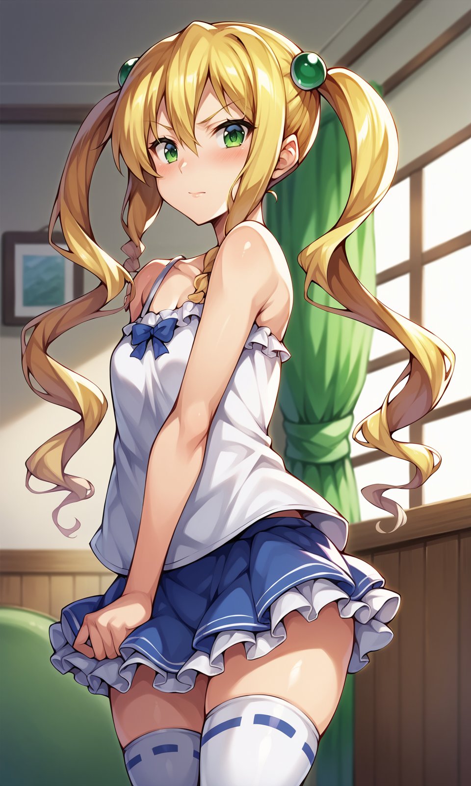 score_9, score_8_up, score_7_up, score_6_up, BREAK1girl, himegamikodama, blonde hair, blush, green eyes, hair between eyes, long hair, looking at viewer,  shiny,  twintails,looking at viewer, closed mouth, standing, camisole, frilled skirt, frills, thighhighs, blue skirt, indoors, <lora:HimegamiKodama_Pony:1>