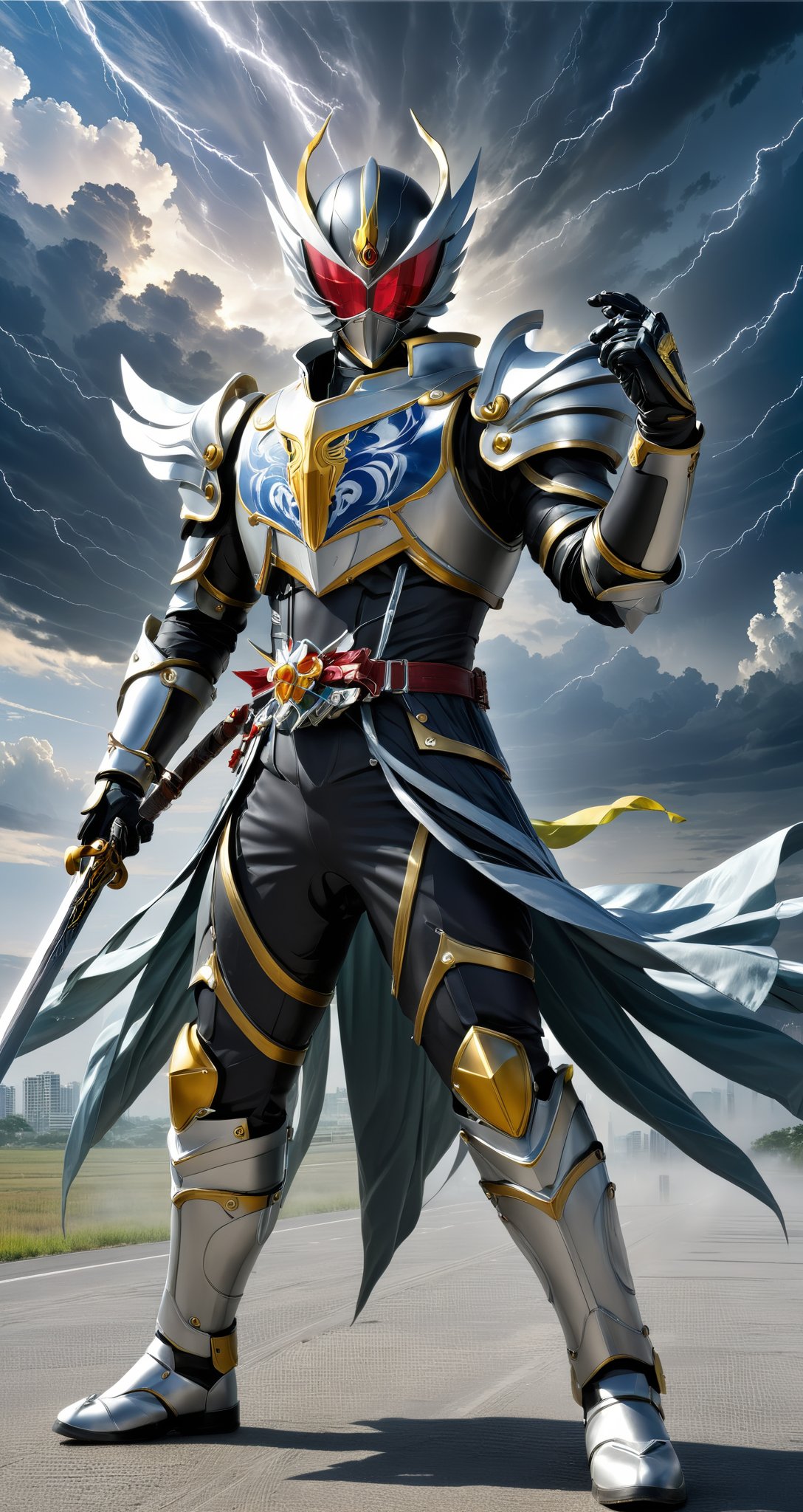 Kamen rider style, Kamen Knight in the High Wind, wearing high wind armor and holding the sword of the storm, shuttles between cities and guards the peaceful sky. Brave and fearless, challenge the forces of evil, and write heroic legends with faith and courage.