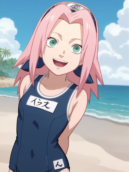 score_9, score_8_up,source_anime,1girl, haruno sakura, pink hair, long hair, green eyes,arms behind back, (onepiece school swimsuit), name tag, open mouth, smile, happy, solo, looking at viewer, sea, sand, blue sky, tropical island background, anime screencap, anime coloring  <lora:SakuraGeninXL:1>