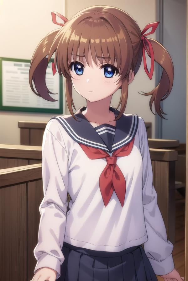 nanohatakamachi, <lora:nanoha takamachi movie2-lora-nochekaiser:1>,nanoha takamachi, takamachi nanoha, brown hair, twintails, blue eyes,BREAK long sleeves, ribbon, school uniform, serafuku, long sleeves, red ribbon, white sailor collar,BREAK indoors, classroom,BREAK looking at viewer, (cowboy shot:1.5),BREAK <lyco:GoodHands-beta2:1>, (masterpiece:1.2), best quality, high resolution, unity 8k wallpaper, (illustration:0.8), (beautiful detailed eyes:1.6), extremely detailed face, perfect lighting, extremely detailed CG, (perfect hands, perfect anatomy),