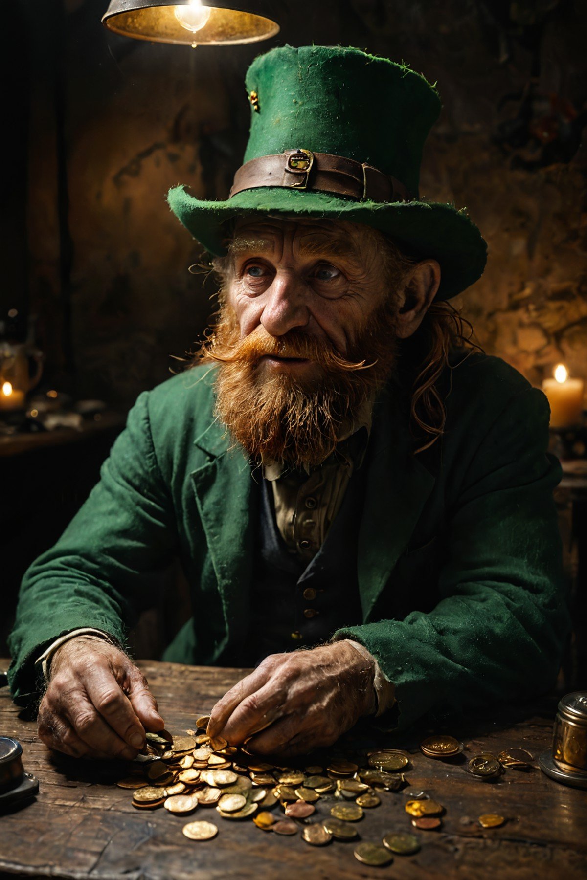 (full body shot:0.01), (photo realistic), clean skin, hard shadows, masterpiece, award winning lighting, detailed, many details, extreme detailed, full of details, wide range of colors, highly dynamic, a scruffy old leprechaun sits at a table counting a handful of gold coins, ginger beard, down on his luck, disheveled, threadbare clothes, mischievous and sad.<lora:add-detail-xl:1.25><lora:WildcardX-XL-Detail-Enhancer:0.9><lora:zavy-cntrst-sdxl:0.6> dark, chiaroscuro, low-key<lora:SDXLFaeTastic2400:0.185>, <comment: X STYLE:0>selective focus, bright flash photo, contrast, poor quality, (low-light:1.7), hyper realism