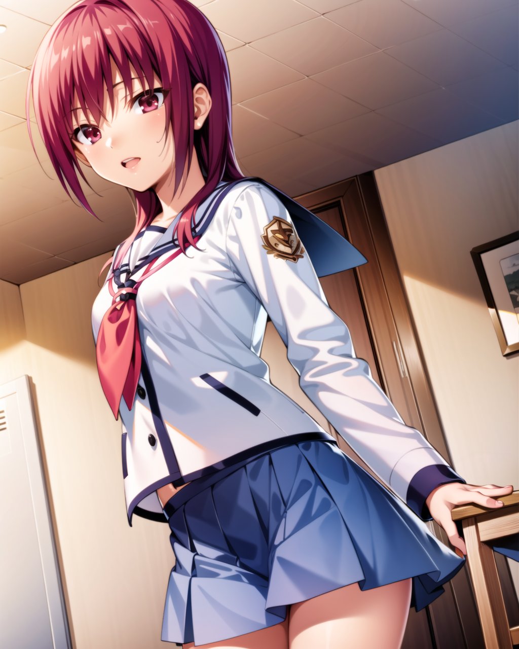 ((masterpiece)), ((best quality)), ((highres)), ((extremely detailed CG unity 8k wallpaper)), solo, <lora:iwasawa:0.8>, iwasawa, angel beats uniform, lavender skirt, indoors