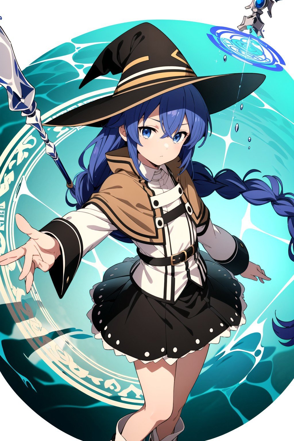 (masterpiece:1.4), (best quality:1.4), (((pixel-perfect, detail-perfect))), 1girl, petite body, solo, roxy migurdia, blue hair, long hair, hair between eyes, ahoge, twin braids, blue eyes, small breasts, witch hat, white collared shirt, long sleeves, wide sleeves, brown cape, black skirt, black socks, white boots, holding wizard staff, panties, pantyshot, looking at viewer, (jitome:1.2), v-shaped eyebrows, (detailed background, gradient backgound, magic circle, casting spell, floating hair, floating clothes, water magic:1.35), flat, flat colors, 2D, (anime:1.3), <lora:Roxy Migurdia (Mushoku Tensei):0.7>