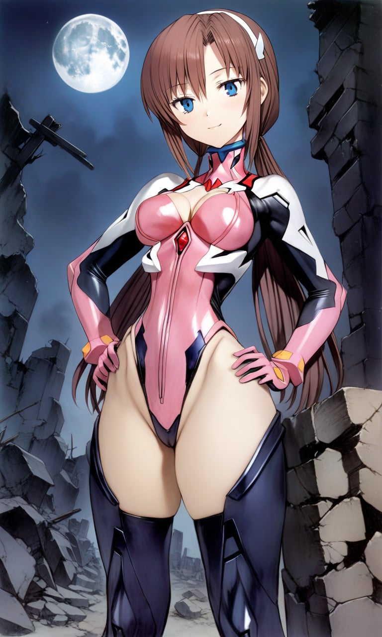 1girl, marishin, blue eyes, brown hair, medium breasts, cleavage, linea alba, hip bones, wide hips, thighs, (plugsuit:1.1), thigh boots, looking at viewer, light smile, upper body, straight-on, arms at sides, outdoors, ruins, night, moon, masterpiece, best quality, very aesthetic, absurdres, nyatabe, mogudan, <lora:MariShinFlare_XL:0.7><lora:Nyatabe_XL:1> 