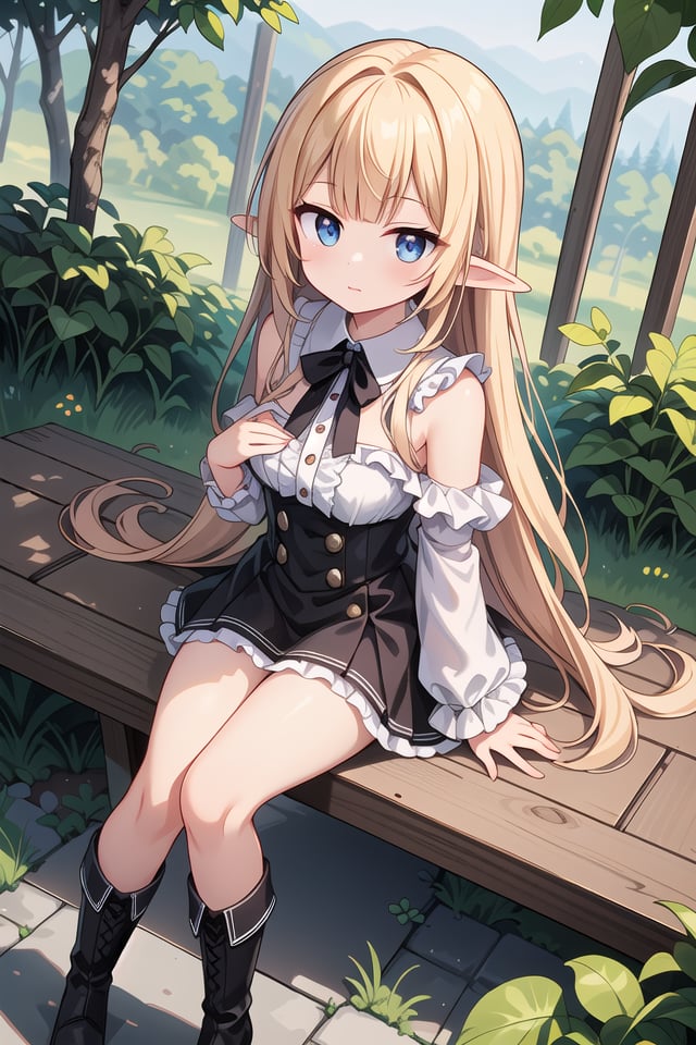 insanely detailed, absurdres, ultra-highres, ultra-detailed, best quality,1girl, solo, nice hands, perfect handsBREAKelf girl, bootsBREAKsitting on branch,from above,looking up,cowboy shot, looking at viewerBREAKslender, kawaii, perfect symmetrical face, ultra cute girl, ultra cute face, ultra detailed eyes, ultra detailed hair, ultra cute, ultra beautifulBREAKin forest, ground, leaf, butterfly, (wide shot magnificent view:1.2),(dappled sunlight:1.2), blurry, (depth of field:1.1)BREAKshiny hair, blonde hair, blunt bangs