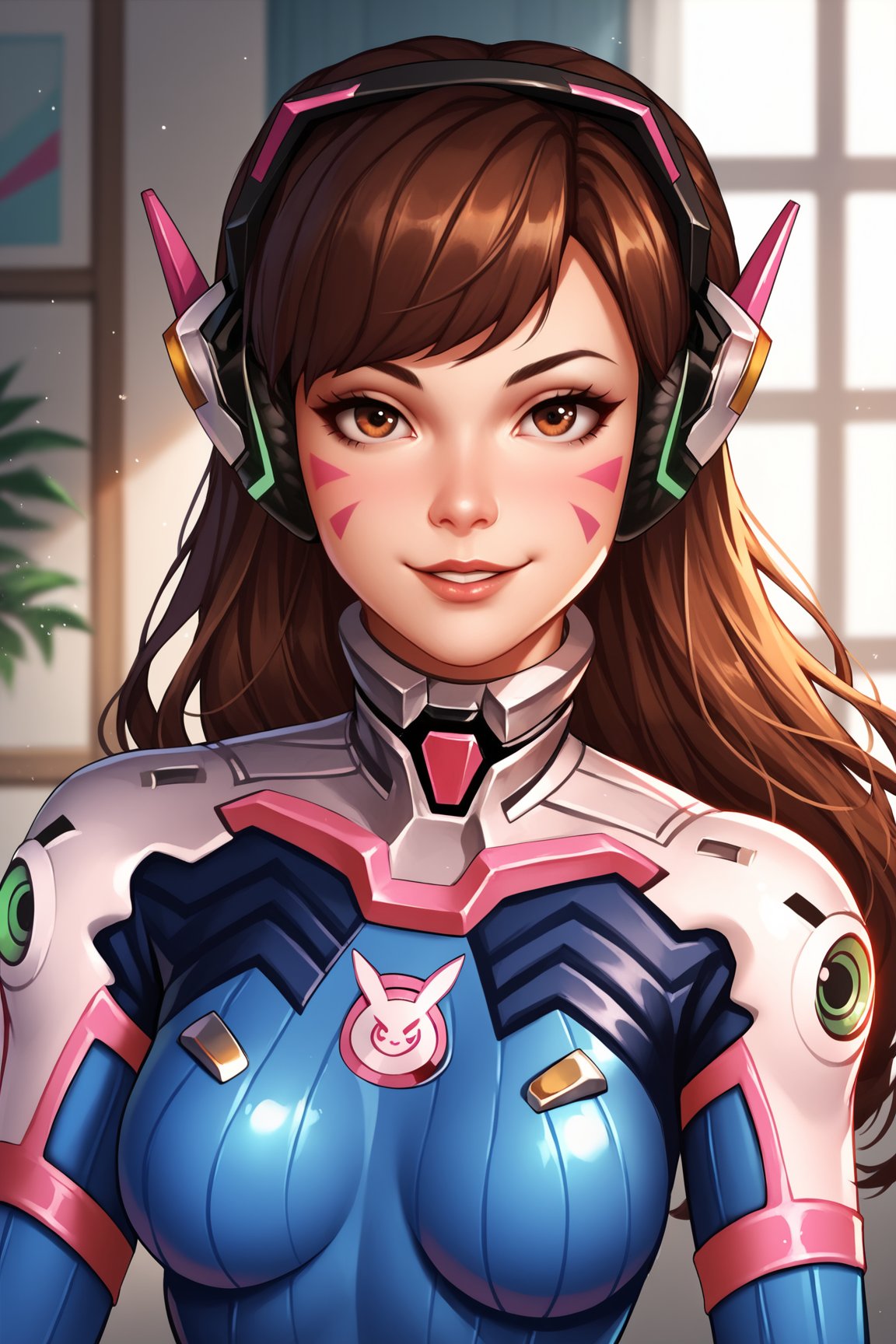 score_9, score_8_up, score_7_up, score_6_up, score_5_up, score_4_up, DVaOWXL, brown eyes, brown hair, long hair, swept bangs, headphones, facial mark, whisker markins, medium breasts, high collar, blue bodysuit, pilot suit, animal print, (portrait shot, upper body), seductive smile, looking at viewer, indoors <lora:DVaOWXL:0.7>