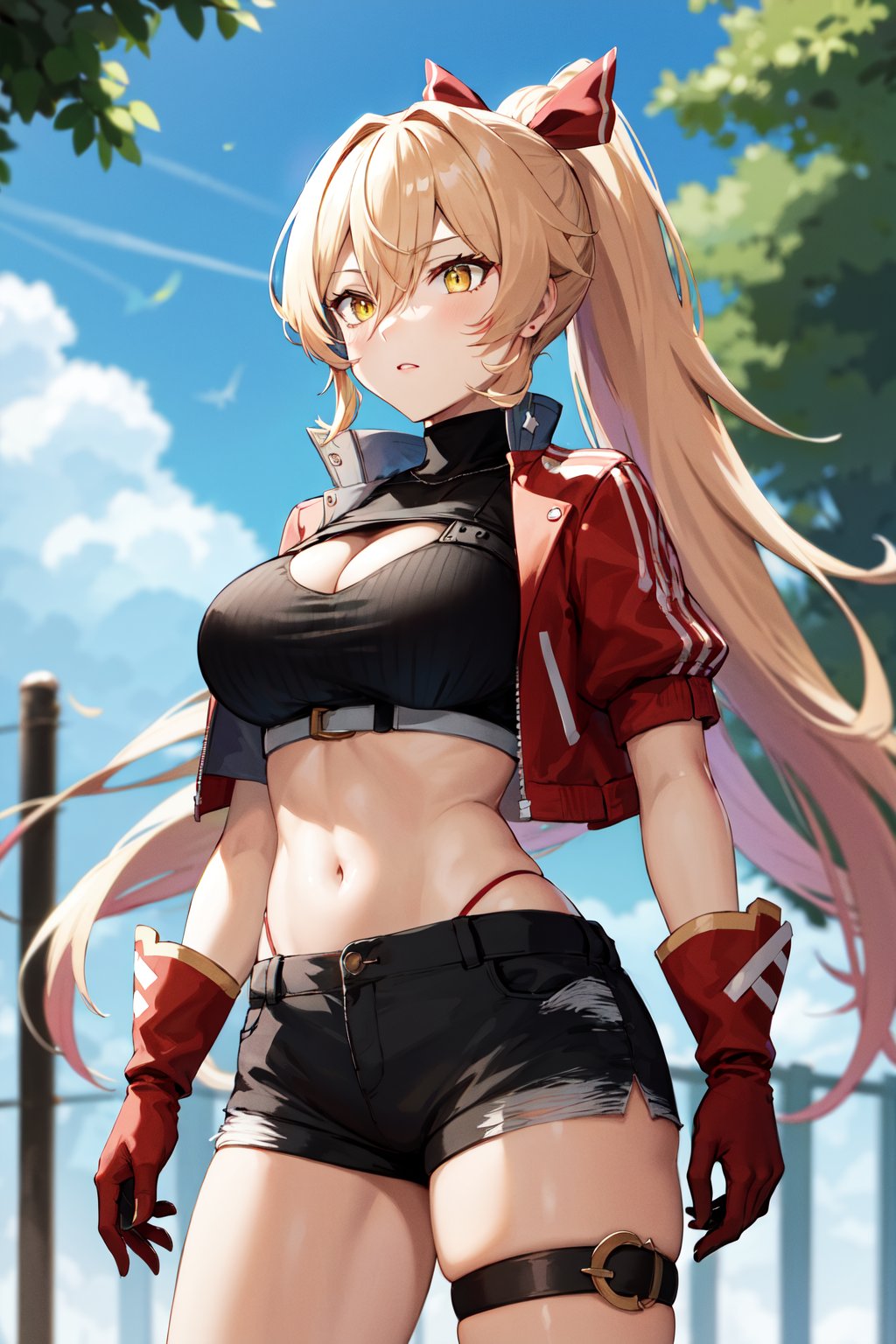 masterpiece, best quality, highres, ccnui, very long hair, blonde hair, ponytail, hair ribbon, hair between eyes, yellow eyes, turtleneck, cleavage cutout, crop top, black shirt, cropped jacket, open jacket, short sleeves, red gloves, black shorts, thigh strap, <lora:nui_sociere_v1:0.7>, standing, cowboy shot, outdoors