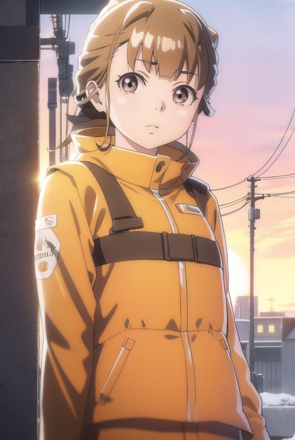 hinatamiyake, <lora:hinata miyake s1-lora-nochekaiser:1>,hinata miyake, short hair, brown hair, (brown eyes:1.5),BREAK jacket, helmet, orange jacket, orange helmet,BREAK outdoors, snow, ice, snowflake,BREAK looking at viewer,BREAK <lyco:GoodHands-beta2:1>, (masterpiece:1.2), best quality, high resolution, unity 8k wallpaper, (illustration:0.8), (beautiful detailed eyes:1.6), extremely detailed face, perfect lighting, extremely detailed CG, (perfect hands, perfect anatomy),