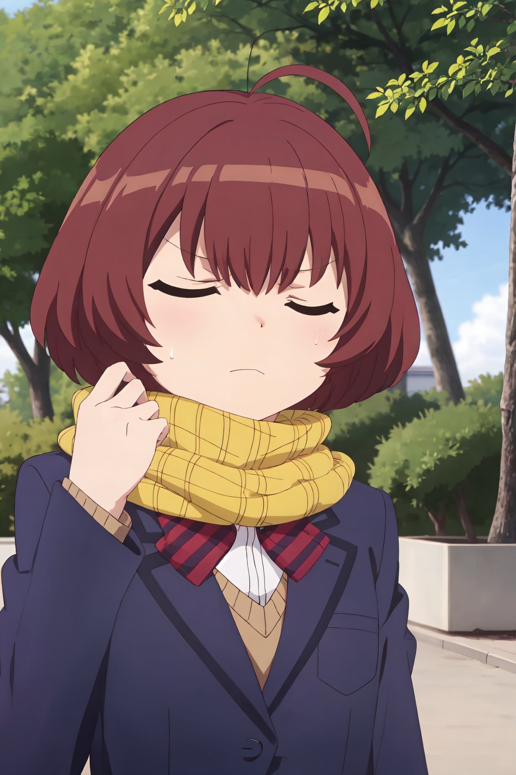 Akako Onigashima, (8k, HD), 1girl, solo, short hair, brown hair, bow, closed mouth, school uniform, jacket, closed eyes, upper body, ahoge, outdoors, hand up, bowtie, scarf, sweatdrop, red bow, tree, frown, blazer, red bowtie, yellow scarf<lora:EMS-469265-EMS:0.800000>